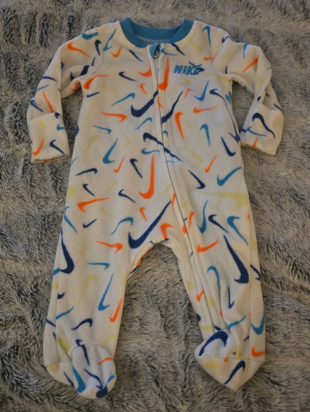 Nike White Fleece Baby Footed One-Piece with Multicolor Swooshes
